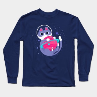 Astronaut Cat Playing in Outer Space Long Sleeve T-Shirt